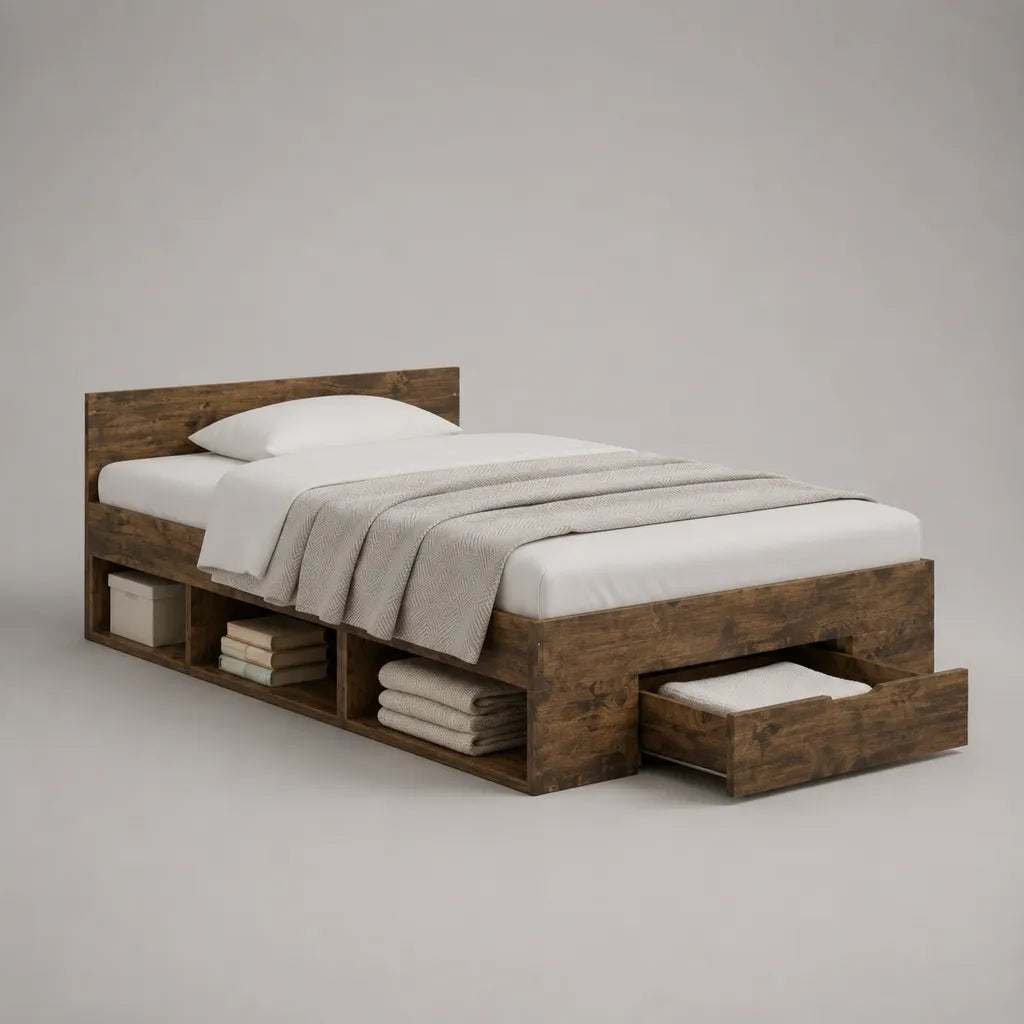 Einzelbett aus melaminharzbeschichteter Spanplatte mit Schublade und 3 offenen Fächern, Braun, Liegefläche 90 × 200 cm, Gesamtmaß 205 × 96 × 90 cm