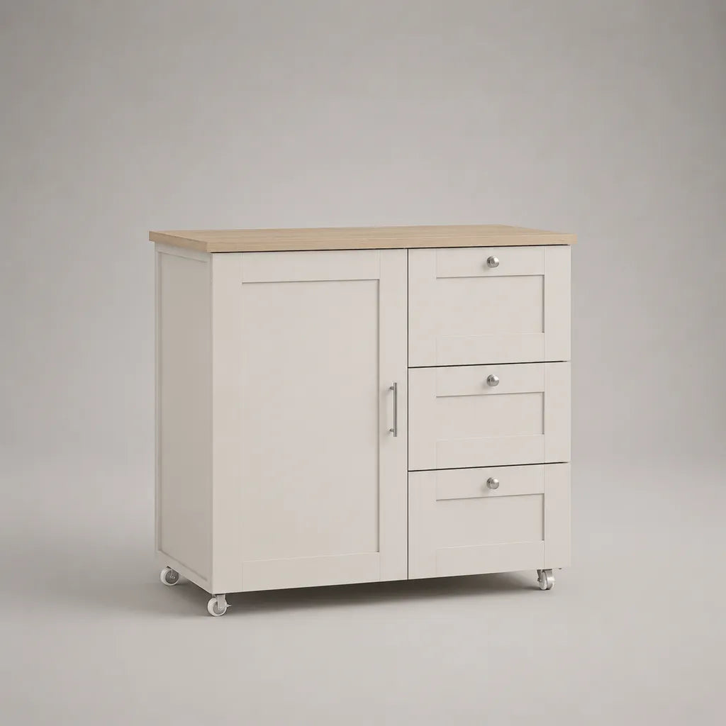 Mobile Kücheninsel mit Rollen aus MDF und Spanplatte, Weiß/Natur, 90 × 45 × 90 cm