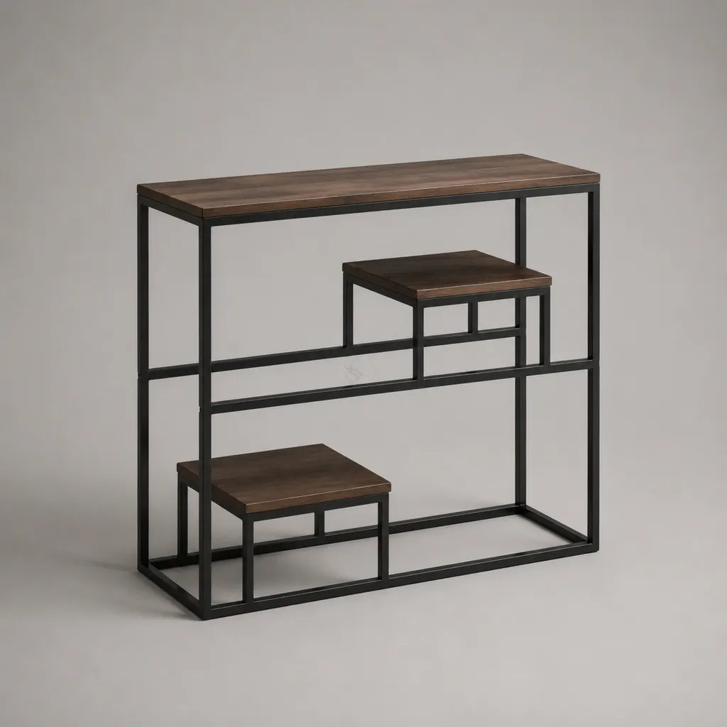 Konsolentisch aus MDF und Stahl mit 3 Ablagen, Dunkelbraun/Schwarz, 100 × 30 × 90 cm