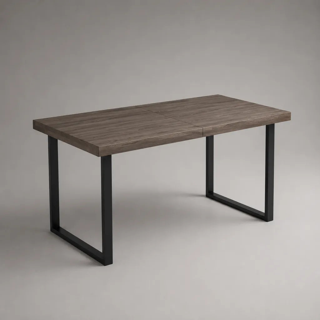 Ausziehbarer rechteckiger Esstisch aus MDF und Stahl, Braun und Schwarz, 160–200 × 90 × 75 cm