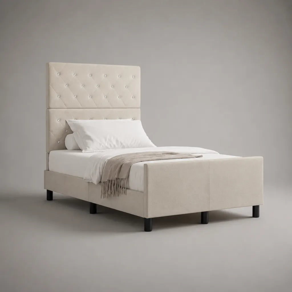 Polsterbett mit hohem Kopfteil aus Polyester-Samtstoff, Beige, 120 × 200 cm, Gesamtmaß 215 × 132 × 150 cm