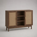 Sideboard aus MDF mit Walnussfurnier und Rattangeflecht, 2 Türen, 3 offene Fächer, Dunkelbraun/Natur, 120 × 40 × 90 cm
