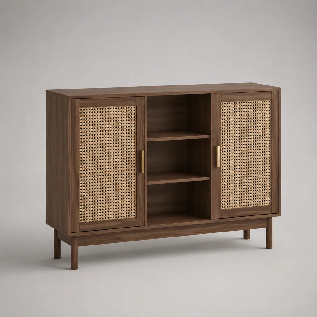 Sideboard aus MDF mit Walnussfurnier und Rattangeflecht, 2 Türen, 3 offene Fächer, Dunkelbraun/Natur, 120 × 40 × 90 cm
