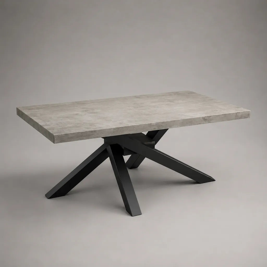 Rechteckiger Esstisch aus MDF und Stahl, Betongrau/Schwarz, 160 × 90 × 75 cm