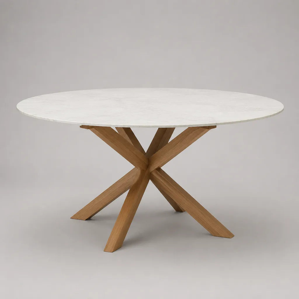 Runder Esstisch aus weißem Sinterstein und massiver Eiche Natur, Ø 120 × H 75 cm