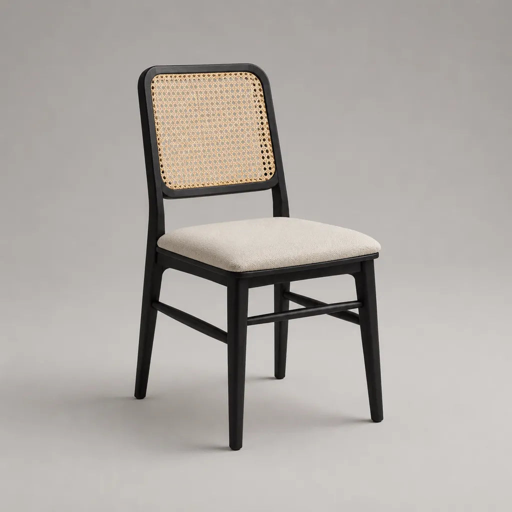 Esszimmerstuhl aus Holz mit Rattanlehne und Stoffpolster, Schwarz/Natur/Creme, 48 × 55 × 86 cm