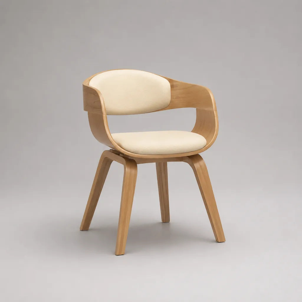 Esszimmerstuhl mit Armlehnen aus Formholz und Polyesterbezug, Natur/Creme, 58 × 54 × 78 cm