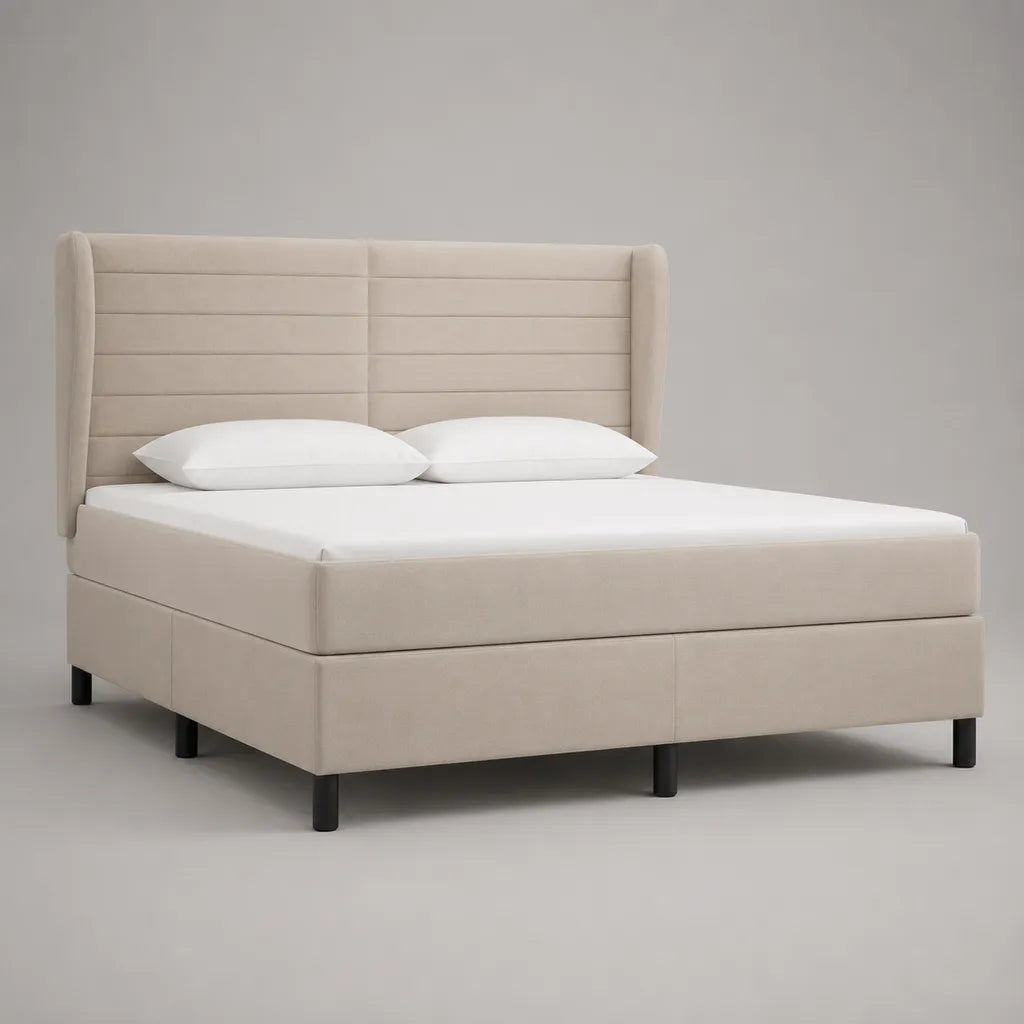 Polsterbett Doppelbett mit Polyesterbezug und gepolstertem Kopfteil, Beige, Liegefläche 160 × 200 cm