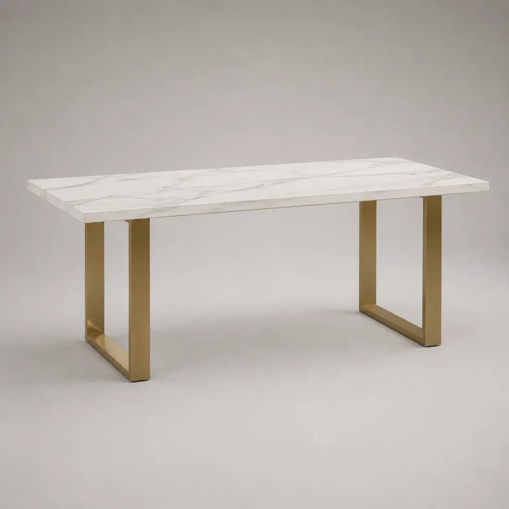 Rechteckiger Esstisch mit MDF-Tischplatte in Marmoroptik und Stahlgestell, Weiß/Grau/Gold, 160 × 80 × 75 cm