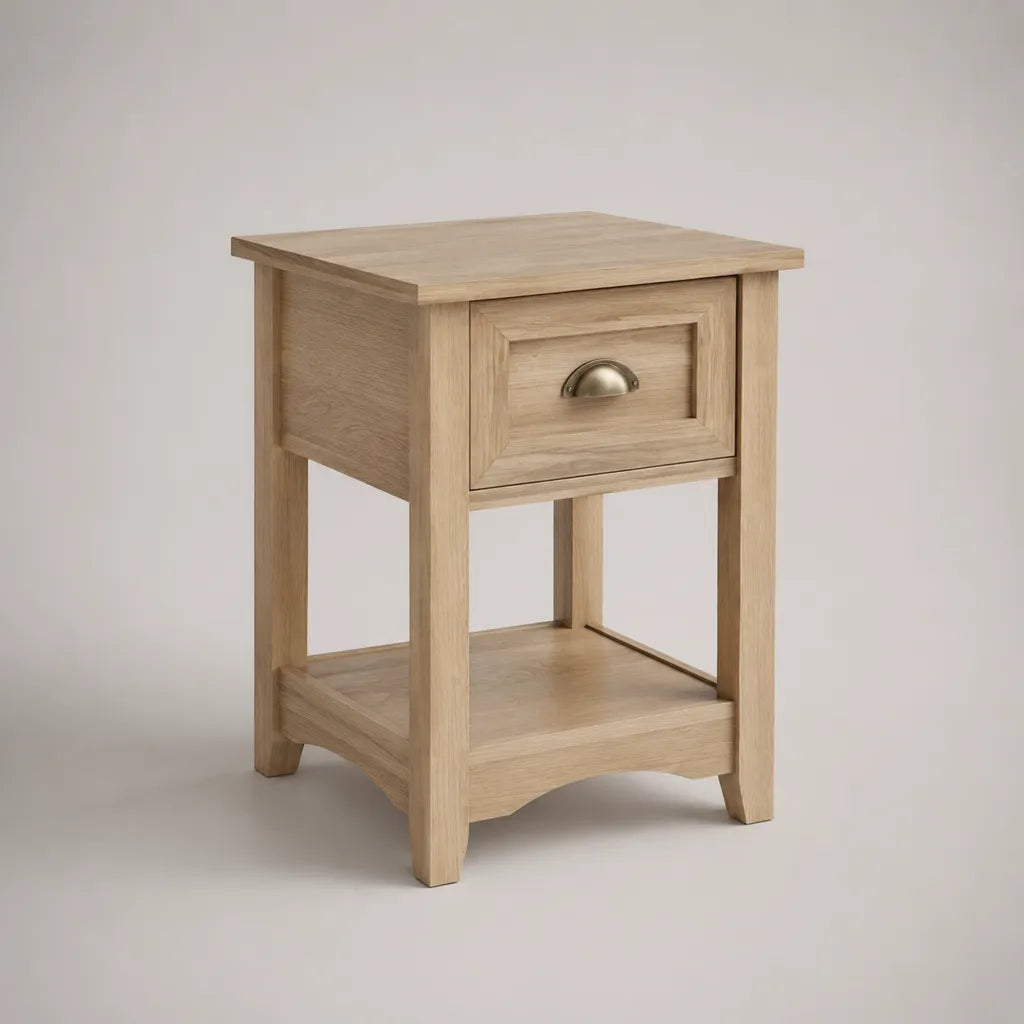 Nachttisch mit Schublade und Ablage aus Eichenmassivholz, MDF und Eichenfurnier, Eiche hell, 40 × 35 × 60 cm