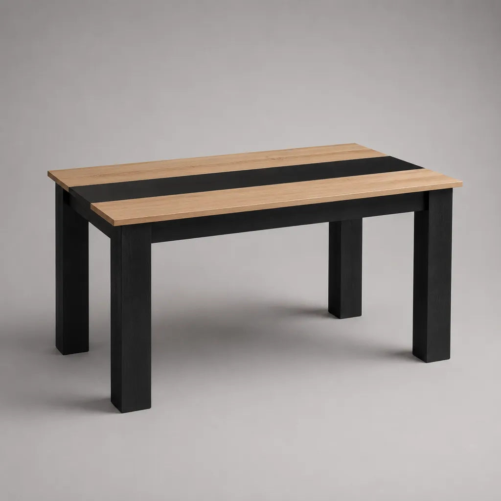 Rechteckiger Esstisch aus MDF mit Eichenfurnier, Eiche Natur und Schwarz, 140 x 80 x 75 cm