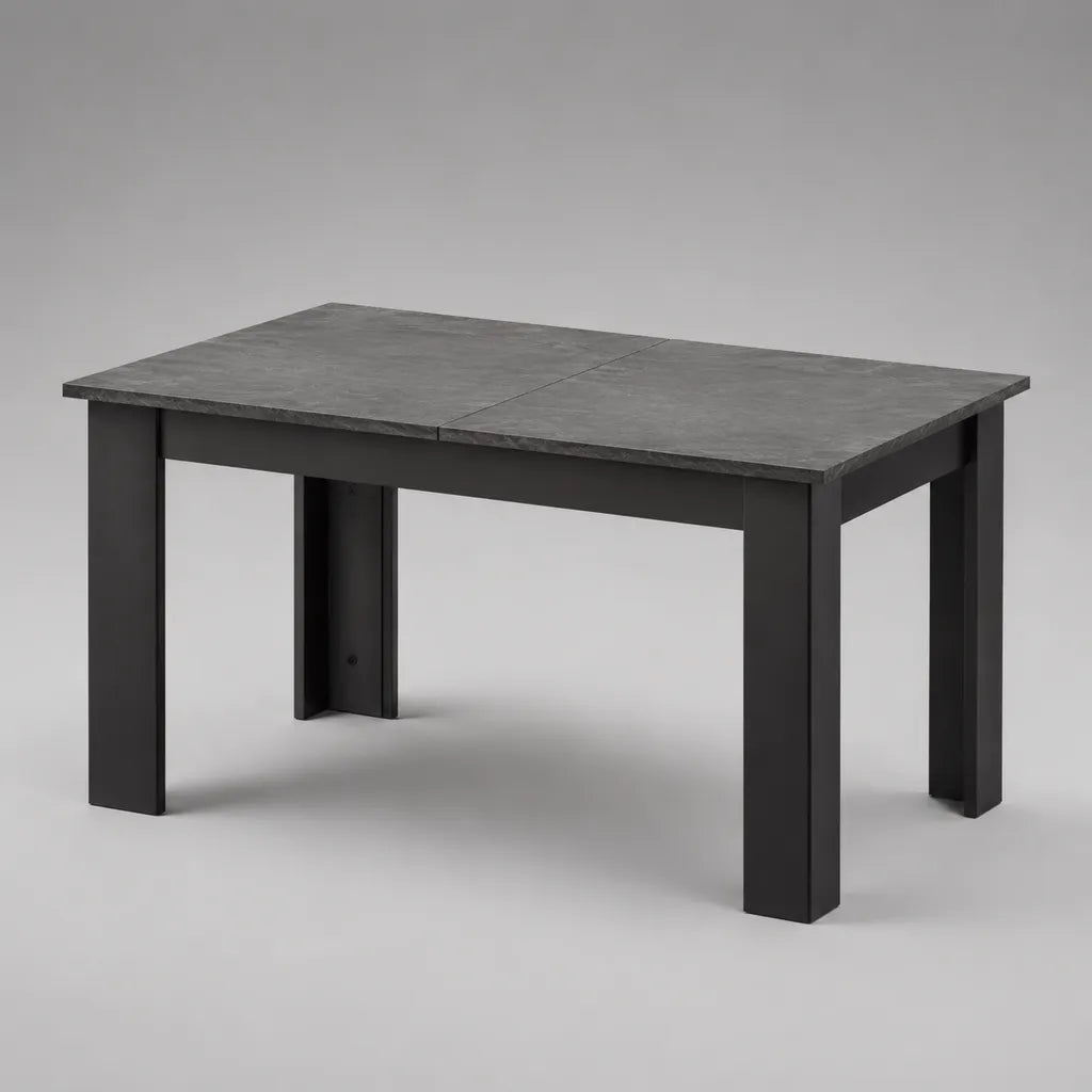 Ausziehbarer rechteckiger Esstisch aus Spanplatte und Metall, Grau/Schwarz, 120–160 × 80 × 75 cm