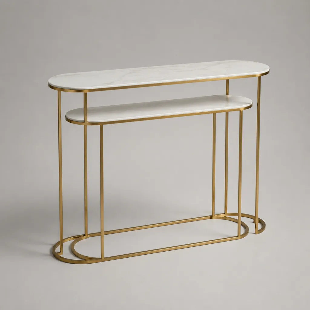 Konsolentisch-Set 2-teilig, Stahl und MDF in Marmoroptik, Weiß/Gold/Grau, 100 × 30 × 80 cm und 90 × 28 × 70 cm