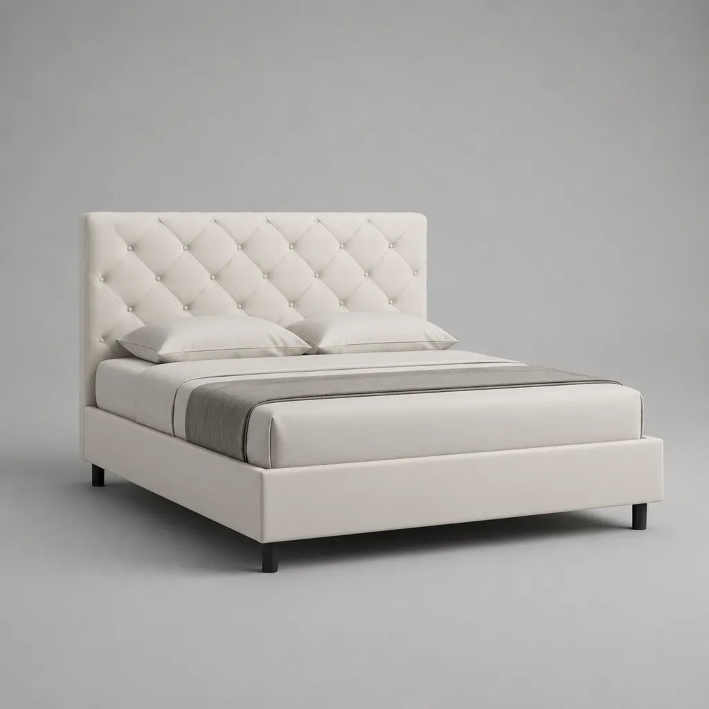 Polsterbett Doppelbett mit Knopfheftung und Polyesterbezug, Cremeweiß/Schwarz, Liegefläche 160 × 200 cm, Außenmaß 214 × 171 × 112 cm
