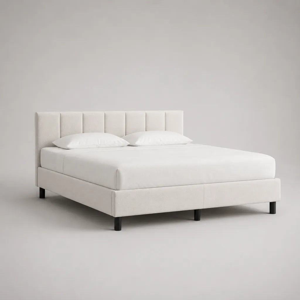 Doppel-Polsterbett mit Kopfteil, Polyester, Cremeweiß/Schwarz, Liegefläche 180 × 200 cm, Außenmaß 190 × 215 × 105 cm